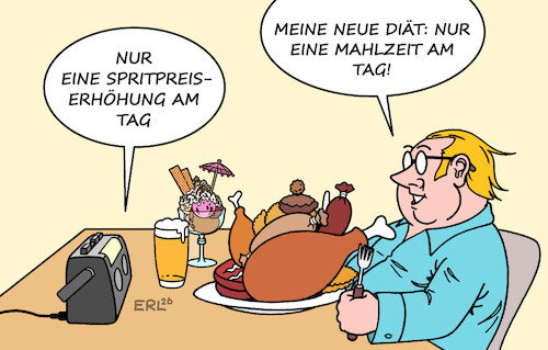 Cartoon: Neue Diät (medium) by Erl tagged politik,irankrieg,anstieg,ölpreis,spritpreise,regelung,spritpreiserhöhung,einmal,täglich,diät,essen,menge,karikatur,erl,politik,irankrieg,anstieg,ölpreis,spritpreise,regelung,spritpreiserhöhung,einmal,täglich,diät,essen,menge,karikatur,erl