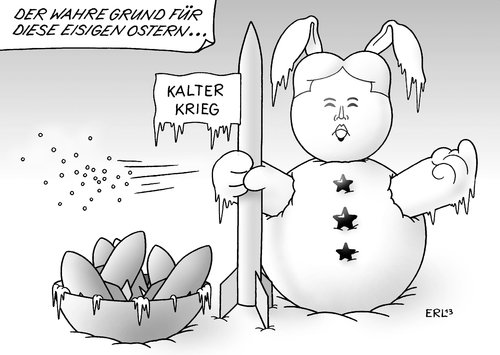 Cartoon: Nordkorea Ostern (medium) by Erl tagged nordkorea,kim,jong,un,atomwaffen,drohung,usa,südkorea,kalter,krieg,kälte,wetter,ostern,eis,schnee,grund