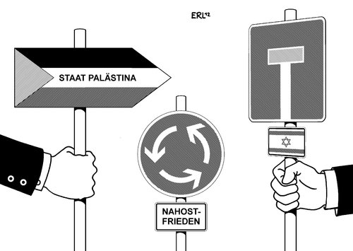 Cartoon: Palästina Israel (medium) by Erl tagged palästina,un,beobachter,status,staat,anerkennung,israel,sackgasse,nahost,frieden,friede,schild,verkehrsschild,flagge,kreisverkehr