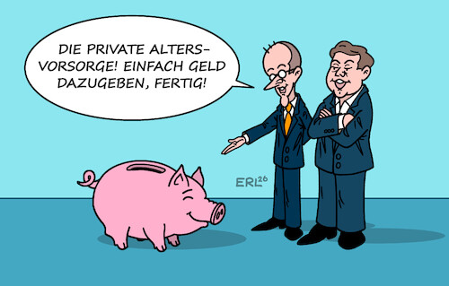 Cartoon: Private Altersvorsorge (medium) by Erl tagged politik,bundestag,reform,private,altersvorsorge,abschaffung,riesterrente,rente,sparschwein,geld,merz,klingbeil,karikatur,erl,politik,bundestag,reform,private,altersvorsorge,abschaffung,riesterrente,rente,sparschwein,geld,merz,klingbeil,karikatur,erl
