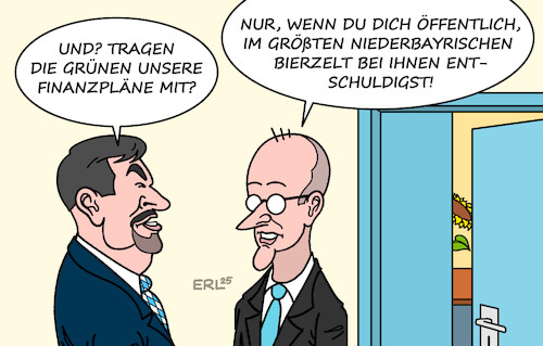 Cartoon: Rache ist grün (medium) by Erl tagged politik,koalition,cdu,csu,spd,finanzen,schulden,grundgesetz,zustimmung,grüne,bashing,söder,bierzelt,merz,karikatur,erl,politik,koalition,cdu,csu,spd,finanzen,schulden,grundgesetz,zustimmung,grüne,bashing,söder,bierzelt,merz,karikatur,erl