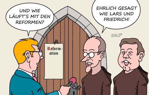 Cartoon: Reformationstag (medium) by Erl tagged politik,religion,protestantismus,reformation,reformationstag,luther,thesen,reformen,merz,klingbeil,mönche,karikatur,erl,politik,religion,protestantismus,reformation,reformationstag,luther,thesen,reformen,merz,klingbeil,mönche,karikatur,erl