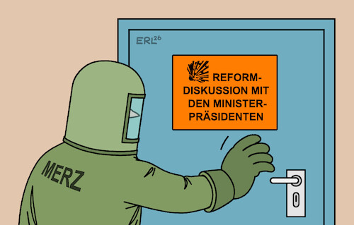 Cartoon: Reformen (medium) by Erl tagged politik,bundesregierung,bundeskanzler,merz,reformen,treffen,diskussion,ministerpräsidenten,länder,schutzanzug,karikatur,erl,politik,bundesregierung,bundeskanzler,merz,reformen,treffen,diskussion,ministerpräsidenten,länder,schutzanzug,karikatur,erl