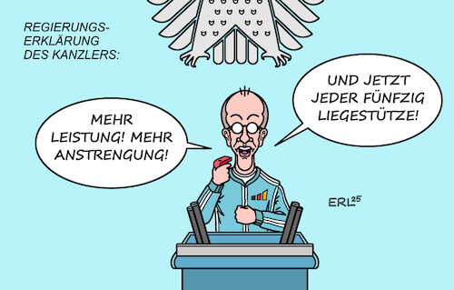 Cartoon: Regierungserklärung (medium) by Erl tagged politik,bundestag,regierungserklärung,bundeskanzler,merz,leistung,anstrengung,trainer,liegestütze,karikatur,erl,politik,bundestag,regierungserklärung,bundeskanzler,merz,leistung,anstrengung,trainer,liegestütze,karikatur,erl