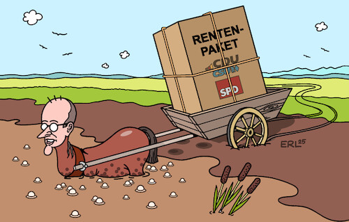 Cartoon: Rentenkurs (medium) by Erl tagged politik,rente,rentenpaket,cdu,csu,spd,widerstand,junge,union,kurs,merz,karren,dreck,karikatur,erl,politik,rente,rentenpaket,cdu,csu,spd,widerstand,junge,union,kurs,merz,karren,dreck,karikatur,erl