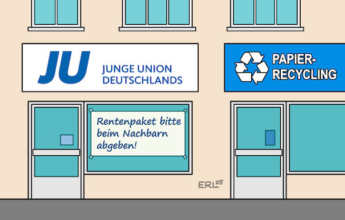 Cartoon: Rentenpaket (medium) by Erl tagged politik,alter,rente,koalition,cdu,csu,spd,rentenpaket,ablehnung,junge,union,papier,recycling,karikatur,erl,politik,alter,rente,koalition,cdu,csu,spd,rentenpaket,ablehnung,junge,union,papier,recycling,karikatur,erl