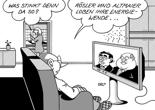 Cartoon: Rösler und Altmaier (medium) by Erl tagged energiewende,atomausstieg,erneuerbare,energien,netzausbau,bericht,kritik,windkraft,solarenergie,wasserkraft,strom,energie,leitung,lob,eigenlob,stinken,bundeswirtschaftsminister,wirtschaftsminister,philipp,rösler,bundesumweltminister,umweltminister,peter,altmaier