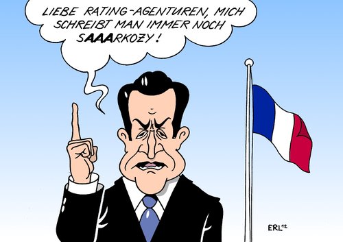 Cartoon: Sarkozy Rating (medium) by Erl tagged finanzpolitik,währung,schulden,krise,euro,sarkozy,nicolas,präsident,aa,aaa,frankreich,abwertung,poors,and,standard,bewertung,moodys,rating,ratingagentur,moodys,bewertung,standard,frankreich,präsident,sarkozy