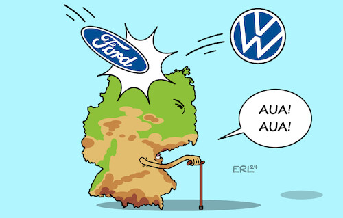 Cartoon: Schlag auf Schlag (medium) by Erl tagged politik,auto,standort,deutschland,probleme,gewinn,volkswagen,vw,ford,werksschließungen,lohnkürzungen,karikatur,erl,schlag,politik,auto,standort,deutschland,probleme,gewinn,volkswagen,vw,ford,werksschließungen,lohnkürzungen,karikatur,erl