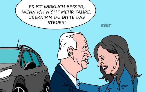 Cartoon: Schlüsselübergabe (medium) by Erl tagged politik,usa,wahl,präsidentschaft,demokraten,präsident,joe,biden,verzicht,kandidatur,alter,kandidatin,vizepräsidentin,kamala,harris,nominierung,parteitag,übergabe,auto,schlüsselübergabe,autoschlüssel,senior,steuer,weisheit,karikatur,erl,politik,usa,wahl,präsidentschaft,demokraten,präsident,joe,biden,verzicht,kandidatur,alter,kandidatin,vizepräsidentin,kamala,harris,nominierung,parteitag,übergabe,auto,schlüsselübergabe,autoschlüssel,senior,steuer,weisheit,karikatur,erl