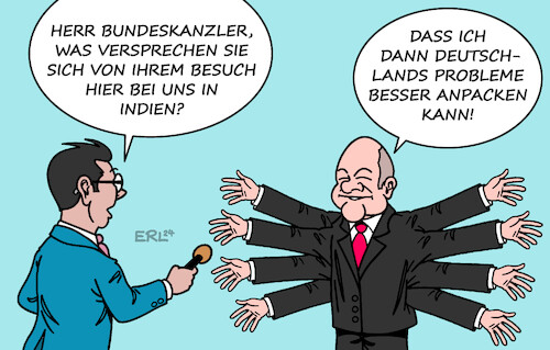 Cartoon: Scholz in Indien (medium) by Erl tagged politik,bundeskanzler,scholz,besuch,indien,deutschland,probleme,anpacken,hände,arme,göttin,kali,karikatur,erl,politik,bundeskanzler,scholz,besuch,indien,deutschland,probleme,anpacken,hände,arme,göttin,kali,karikatur,erl