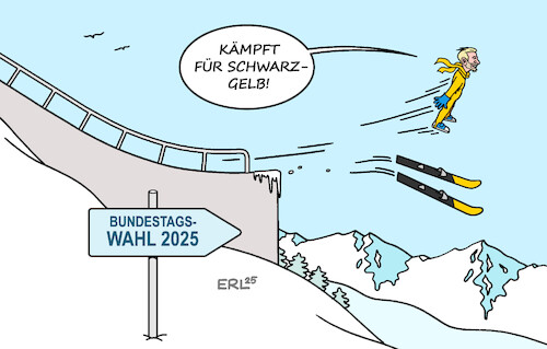 Cartoon: Schwarz-gelb (medium) by Erl tagged politik,neuwahlen,wahlkampf,werbung,linder,schwarz,gelb,cdu,csu,fdp,skispringen,karikatur,erl,politik,neuwahlen,wahlkampf,werbung,linder,schwarz,gelb,cdu,csu,fdp,skispringen,karikatur,erl