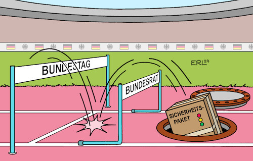 Cartoon: Sicherheitspaket (medium) by Erl tagged politik,migration,asyl,ampel,sicherheitspaket,hürde,bundestag,scheitern,bundesrat,karikatur,erl,politik,migration,asyl,ampel,sicherheitspaket,hürde,bundestag,scheitern,bundesrat,karikatur,erl