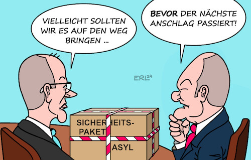 Cartoon: Sicherheitspaket (medium) by Erl tagged politik,innere,sicherheit,sicherheitspaket,streit,ampel,opposition,scholz,merz,verhinderung,anschläge,karikatur,erl,politik,innere,sicherheit,sicherheitspaket,streit,ampel,opposition,scholz,merz,verhinderung,anschläge,karikatur,erl