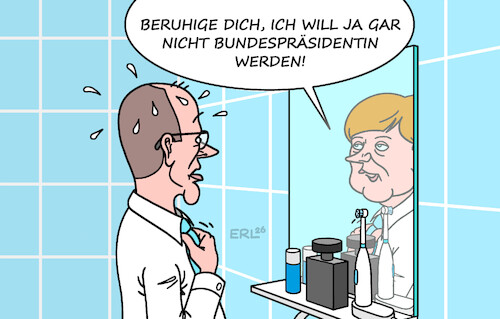 Cartoon: Sie ist überall (medium) by Erl tagged politik,spekulation,altkanzlerin,angela,merkel,bundespräsidentin,dementi,bad,spiegel,kanzler,merz,karikatur,erl,politik,spekulation,altkanzlerin,angela,merkel,bundespräsidentin,dementi,bad,spiegel,kanzler,merz,karikatur,erl