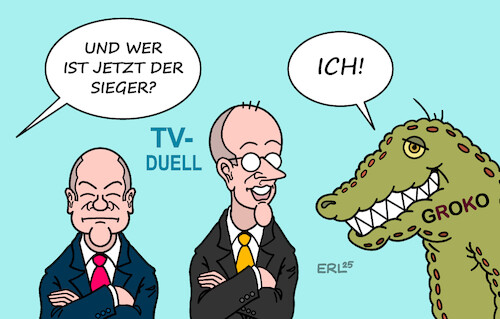 Cartoon: Sieger im TV-Duell (medium) by Erl tagged politik,wahl,wahlkampf,tv,duell,scholz,merz,andeutung,große,koalition,cdu,csu,spd,groko,sieger,karikatur,erl,politik,wahl,wahlkampf,tv,duell,scholz,merz,andeutung,große,koalition,cdu,csu,spd,groko,sieger,karikatur,erl