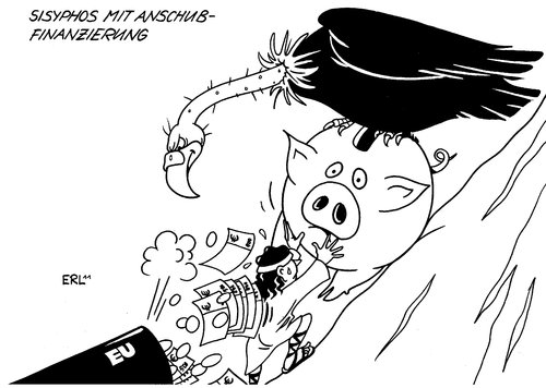 Cartoon: Sisyphos mit Anschubfinanzierung (medium) by Erl tagged griechenland,finanzen,pleite,schulden