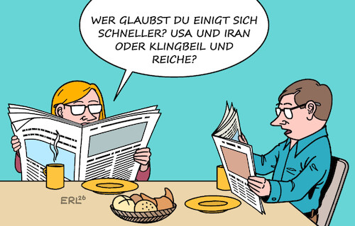Cartoon: Spannende Frage (medium) by Erl tagged politik,verhandlungen,usa,iran,irankrieg,straße,von,hormus,koalition,streit,klingbeil,spd,reiche,cdu,energiekosten,karikatur,erl,politik,verhandlungen,usa,iran,irankrieg,straße,von,hormus,koalition,streit,klingbeil,spd,reiche,cdu,energiekosten,karikatur,erl