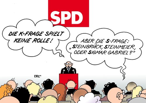Cartoon: SPD (medium) by Erl tagged spd,parteitag,kfrage,frage,kanzlerkandidat,peer,steinbrück,frank,walter,steinmeier,sigmar,gabriel,spd,parteitag,frage,kanzlerkandidat,steinbrück,steinmeier