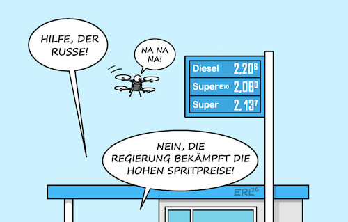 Cartoon: Spritpreise (medium) by Erl tagged politik,irankrieg,anstieg,ölpreis,spritpreis,regierung,bundestag,spritpreispaket,maßnahmen,drohne,tankstelle,karikatur,erl,politik,irankrieg,anstieg,ölpreis,spritpreis,regierung,bundestag,spritpreispaket,maßnahmen,drohne,tankstelle,karikatur,erl