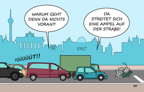 Cartoon: Stau (medium) by Erl tagged politik,bundesregierung,ampel,spd,grüne,fdp,streit,dauerstreit,haushalt,sparen,investieren,schuldenbremse,trickserei,straße,verkehr,regeln,ordnen,auto,autos,stau,karikatur,erl,politik,bundesregierung,ampel,spd,grüne,fdp,streit,dauerstreit,haushalt,sparen,investieren,schuldenbremse,trickserei,straße,verkehr,regeln,ordnen,auto,autos,stau,karikatur,erl