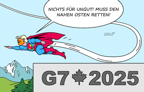 Cartoon: Supermans Stippvisite (medium) by Erl tagged politik,g7,industrienationen,gipfel,kanada,präsident,trump,abreise,krieg,israel,iran,nahost,superman,karikatur,erl,politik,g7,industrienationen,gipfel,kanada,präsident,trump,abreise,krieg,israel,iran,nahost,superman,karikatur,erl