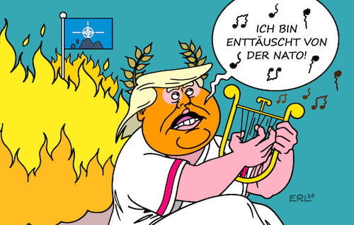 Cartoon: Trump NATO (medium) by Erl tagged politik,usa,trump,schwächung,zerstörung,nato,enttäuschung,nero,rom,feuer,brandstiftung,karikatur,erl,politik,usa,trump,schwächung,zerstörung,nato,enttäuschung,nero,rom,feuer,brandstiftung,karikatur,erl