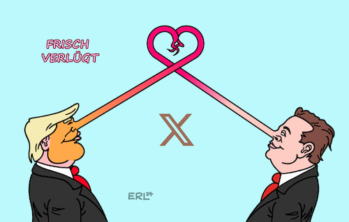 Cartoon: Trump und Musk (medium) by Erl tagged politik,usa,wahl,präsidentschaft,präsidentschaftswahl,kandidat,republikaner,donald,trump,trumpismus,rechtspopulismus,rechtsextremismus,verschwörungstheorien,rückkehr,nachrichtendienst,twitter,inhaber,elon,musk,milliardär,untersützung,verbreitung,lügen,fake,news,pinocchio,nase,herz,verliebtheit,liebe,karikatur,erl,politik,usa,wahl,präsidentschaft,präsidentschaftswahl,kandidat,republikaner,donald,trump,trumpismus,rechtspopulismus,rechtsextremismus,verschwörungstheorien,rückkehr,nachrichtendienst,twitter,inhaber,elon,musk,milliardär,untersützung,verbreitung,lügen,fake,news,pinocchio,nase,herz,verliebtheit,liebe,karikatur,erl