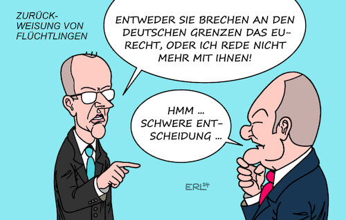 Cartoon: Ultimatum (medium) by Erl tagged politik,zuwanderung,asyl,gespräch,merz,ultimatum,scholz,zurückweisung,flüchtlinge,grenze,eu,recht,karikatur,erl,politik,zuwanderung,asyl,gespräch,merz,ultimatum,scholz,zurückweisung,flüchtlinge,grenze,eu,recht,karikatur,erl