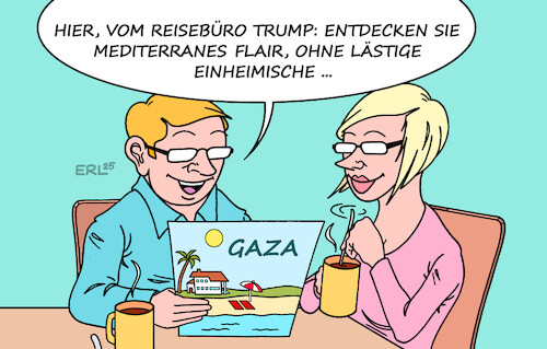 Cartoon: Urlaubsplanung (medium) by Erl tagged politik,usa,präsident,donald,trump,vorschlag,räumung,gaza,gazastreifen,urlaubsparadies,mittelmeer,karikatur,erl,politik,usa,präsident,donald,trump,vorschlag,räumung,gaza,gazastreifen,urlaubsparadies,mittelmeer,karikatur,erl