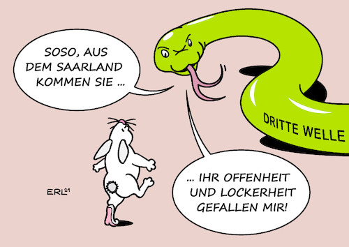 Cartoon: Veruchskaninchen (medium) by Erl tagged politik,corona,virus,pandemie,covid19,lockdown,dritte,welle,mutationen,versuch,modell,modellversuch,lockerung,öffnung,test,modellregion,saarland,versuchskaninchen,kaninchen,schlange,offenheit,lockerheit,sympathie,karikatur,erl,politik,corona,virus,pandemie,covid19,lockdown,dritte,welle,mutationen,versuch,modell,modellversuch,lockerung,öffnung,test,modellregion,saarland,versuchskaninchen,kaninchen,schlange,offenheit,lockerheit,sympathie,karikatur,erl