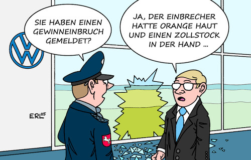 Cartoon: VW (medium) by Erl tagged politik,wirtschaft,auto,vw,volkswagen,gewinneinbruch,einbecher,trump,usa,zölle,strafzölle,eu,karikatur,erl,politik,wirtschaft,auto,vw,volkswagen,gewinneinbruch,einbecher,trump,usa,zölle,strafzölle,eu,karikatur,erl
