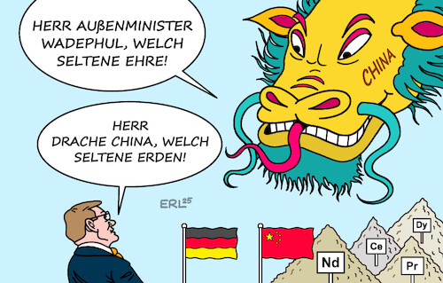 Cartoon: Wadephul in China (medium) by Erl tagged politik,außenminister,wadephul,besuch,china,handel,fair,seltene,erden,drache,karikatur,erl,politik,außenminister,wadephul,besuch,china,handel,fair,seltene,erden,drache,karikatur,erl