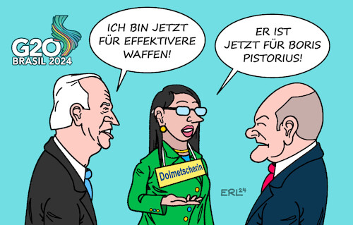 Cartoon: Waffen (medium) by Erl tagged politik,g20,brasilien,biden,usa,waffen,ukraine,russland,scholz,kanzlerkandidat,pistorius,dolmetscherin,karikatur,erl,politik,g20,brasilien,biden,usa,waffen,ukraine,russland,scholz,kanzlerkandidat,pistorius,dolmetscherin,karikatur,erl