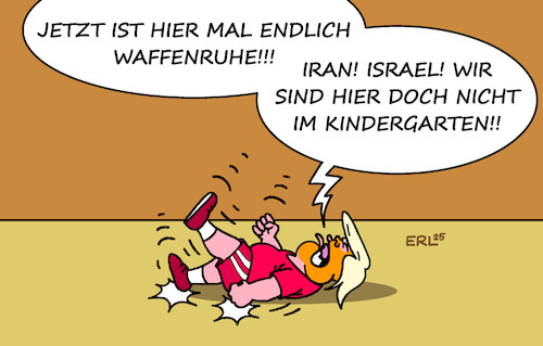 Cartoon: Waffenruhe (medium) by Erl tagged politik,nahost,krieg,israel,iran,eingreifen,usa,trump,waffenruhe,bruch,ärger,kleinkind,karikatur,erl,politik,nahost,krieg,israel,iran,eingreifen,usa,trump,waffenruhe,bruch,ärger,kleinkind,karikatur,erl