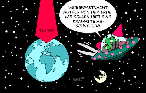 Cartoon: Weiberfastnacht (medium) by Erl tagged politik,karneval,fastnacht,fasching,weiberfastnacht,krawatte,abschneiden,donald,trump,erde,weltall,ufo,karikatur,erl,politik,karneval,fastnacht,fasching,weiberfastnacht,krawatte,abschneiden,donald,trump,erde,weltall,ufo,karikatur,erl