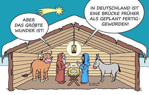 Cartoon: Weihnachtswunder (medium) by Erl tagged politik,weihnachten,wunder,deutschland,nrw,brücke,bauzeit,schnell,fertig,karikatur,erl,politik,weihnachten,wunder,deutschland,nrw,brücke,bauzeit,schnell,fertig,karikatur,erl