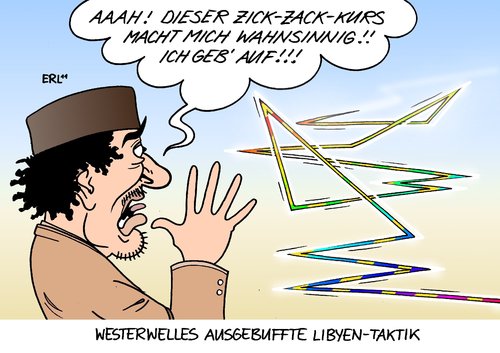 Cartoon: Westerwelles Libyen-Taktik (medium) by Erl tagged libyen,gaddafi,bürgerkrieg,un,nato,einsatz,deutschland,enthaltung,humanitär,zickzack,kurs,cdu,csu,fdp,schwarz,gelb,libyen,gaddafi,bürgerkrieg,un,nato,einsatz,deutschland,enthaltung,humanitär,zickzack,kurs,cdu,csu,fdp