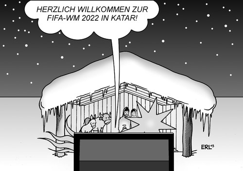 Cartoon: Winter-WM (medium) by Erl tagged fußball,weltmeisterschaft,wm,2022,katar,wüste,hitze,austragung,fifa,winter,geld,sport,korruption,gier,termin,problem,weihnachten,krippe,betlehem,jesus,maria,josef,ochse,esel,stern,stall