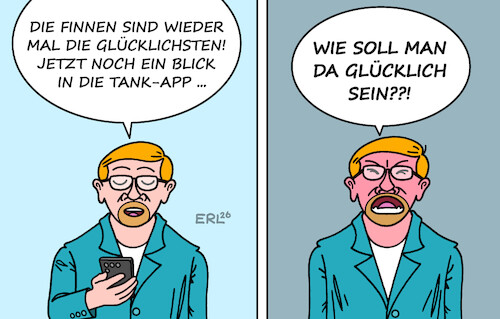 Cartoon: World Happiness Report (medium) by Erl tagged politik,world,happiness,report,glück,finnland,finnen,deutschland,ölpreis,spritpreise,tanken,auto,verbrenner,karikatur,erl,politik,world,happiness,report,glück,finnland,finnen,deutschland,ölpreis,spritpreise,tanken,auto,verbrenner,karikatur,erl