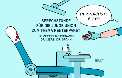 Cartoon: Zähne ziehen (medium) by Erl tagged politik,koalition,cdu,csu,spd,rentenpaket,widerstand,junge,union,einzelgespräche,merz,spahn,zahnarzt,karikatur,erl,politik,koalition,cdu,csu,spd,rentenpaket,widerstand,junge,union,einzelgespräche,merz,spahn,zahnarzt,karikatur,erl