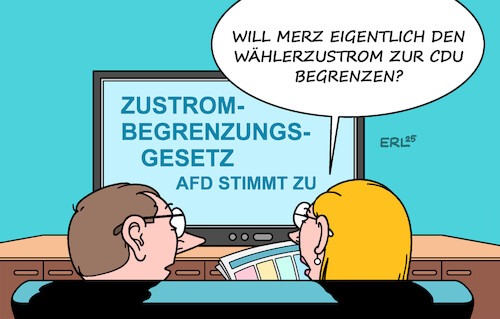 Cartoon: Zustrombegrenzung (medium) by Erl tagged politik,cdu,merz,abstimmung,bundestag,zustrombegrenzungsgesetz,migration,zustimmung,afd,wähler,karikatur,erl,politik,cdu,merz,abstimmung,bundestag,zustrombegrenzungsgesetz,migration,zustimmung,afd,wähler,karikatur,erl