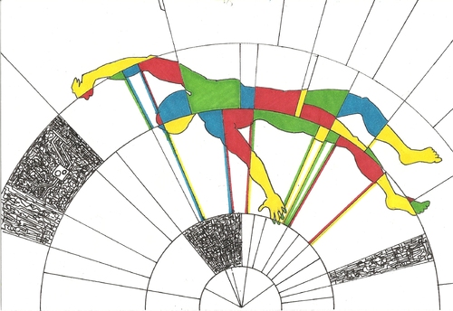 Cartoon: Clockworks (medium) by robobenito tagged clockworks,spectrum,figure,human,male,color,rainbow,pen,ink,pencil,circles,black,white,falling,dream,science,fiction,space,floating,shattered,body,colors,blank,waking