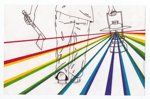 Cartoon: Lantern and Axe (medium) by robobenito tagged lantern,axe,spectrum,rainbow,light,walking,pen,pencil,color,ink,marching,decision,growth,leadership,adult,child,back,forward,leading,leader