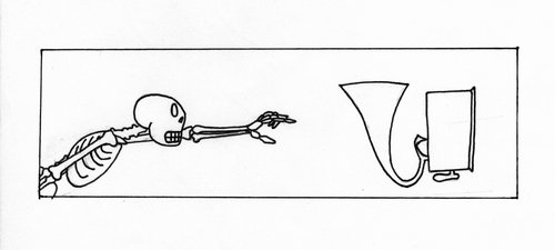 Cartoon: Skelephonic (medium) by robobenito tagged skeleton,phonic,skull,bones,grammaphone,record,player,music,death,art,line,drawing,illustration,pen,pencil,eskeleton,calavera,muerte,musica,mexico,scratch
