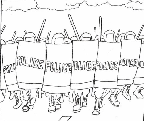 Cartoon: You Better You Better You Bet (medium) by robobenito tagged police,line,shields,sticks,helmets,pencil,black,white,cops,riot,gear,clouds,city,protest,state,ink,drawing,illustration,you,better