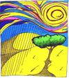 Cartoon: Savannah (small) by robobenito tagged savannah,hills,tree,sun,clouds,swirl,colors,gold,pen,pencil,highlighter,marker,peaceful,beauty,sunshine,environment,ecology,ecological,landscape,shadow,sky,mountains,rolling,rain,atmosphere,climate