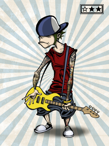 Cartoon: bass guitarist (medium) by billfy tagged bass,guitarist,with,masta,bruss,lee,tattoo,right,hand