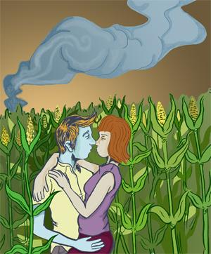 Cartoon: Children of the Corn (medium) by John Bent tagged romance,corn,kissing,youth,smoke,disaster