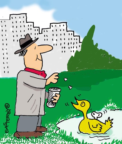 Cartoon: Clockwork Duck (medium) by EASTERBY tagged duckfeeding,pensioner